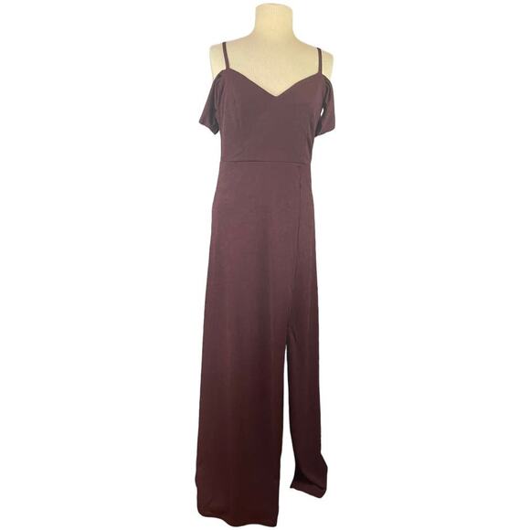 Birdy Grey Cold Shoulder Floor Length Crepe Dress in‎ Cabernet L (Dev) NWT - Picture 3 of 14